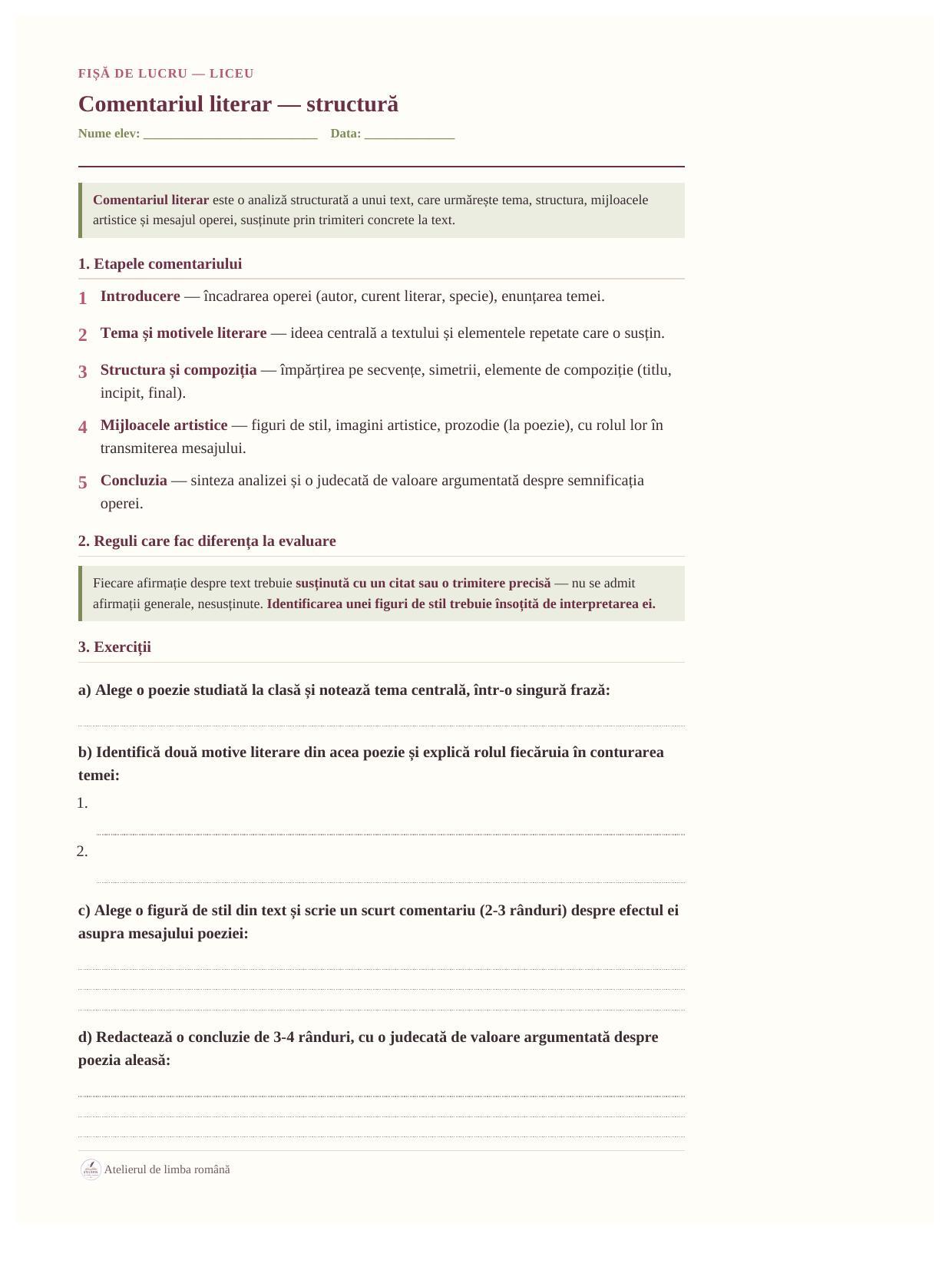 Comentariul literar — structură — fișă de lucru